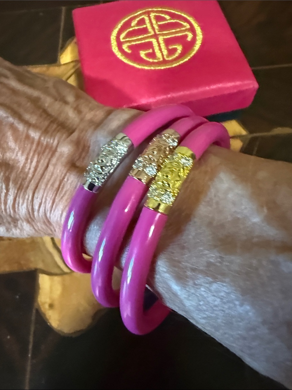 Bright Pink Triple-Band Bracelet Set with Gold & Silver Accents